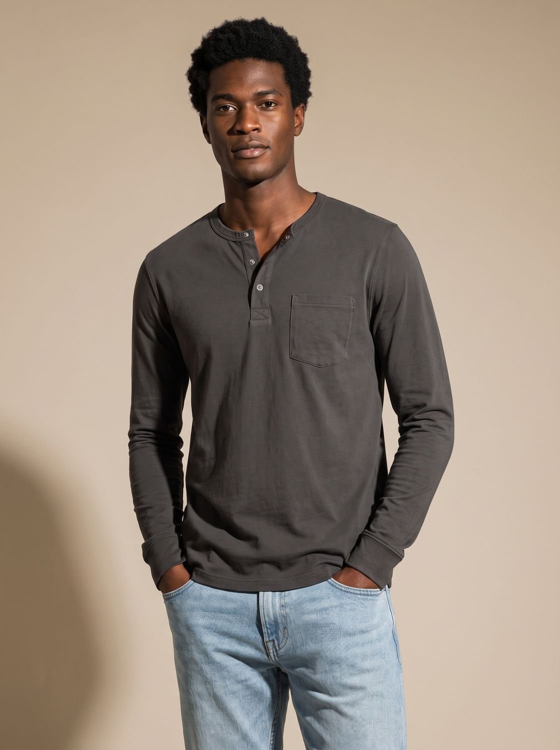 Men's Long-Sleeve Henley Shirt Relaxed-Fit Chest Pocket - Black
