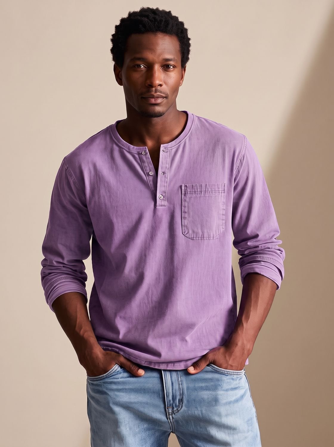 Men's Long-Sleeve Henley Shirt Relaxed-Fit Chest Pocket - Purple