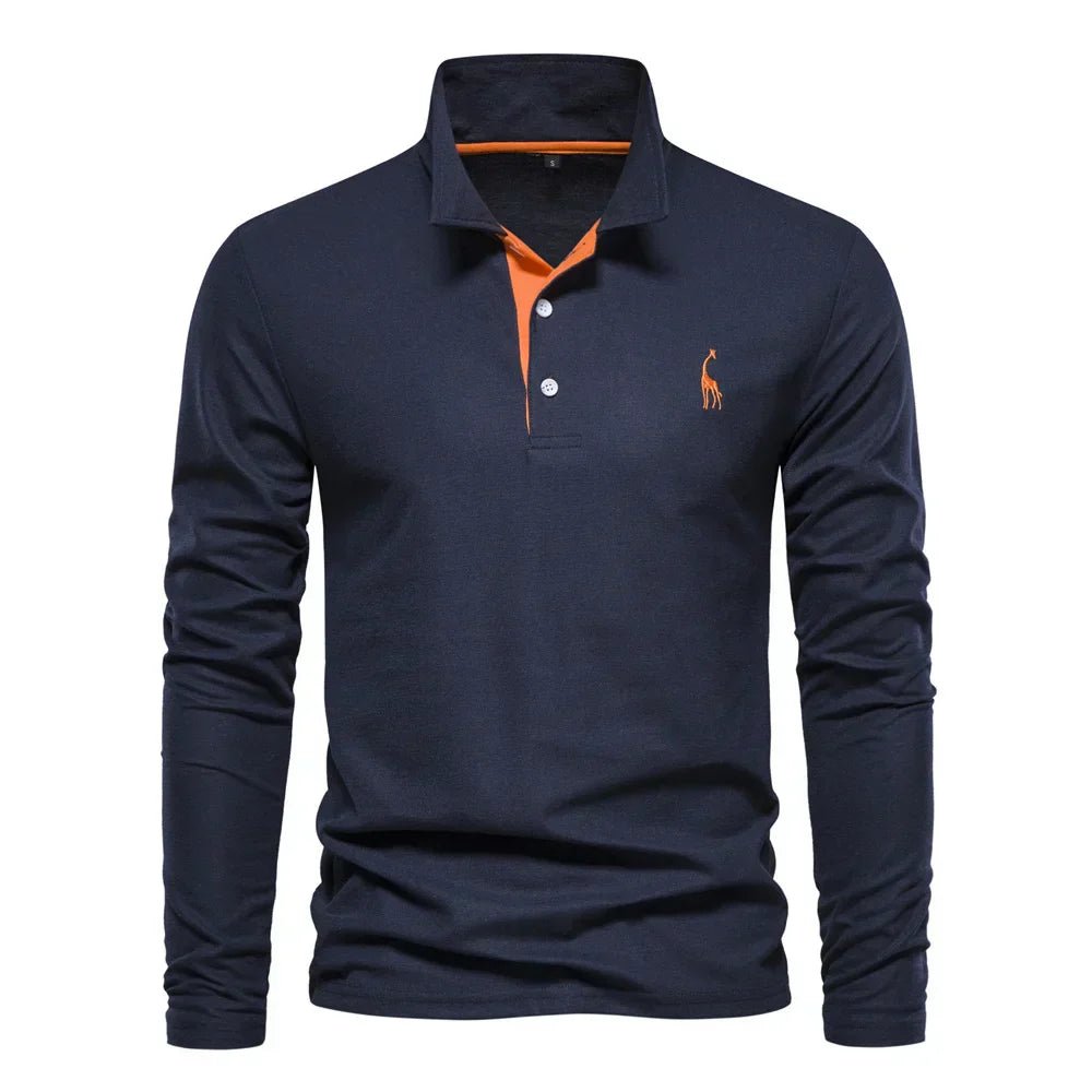 Men's Long Sleeve Polo Shirt Cotton Blend Pullover - Dark Blue