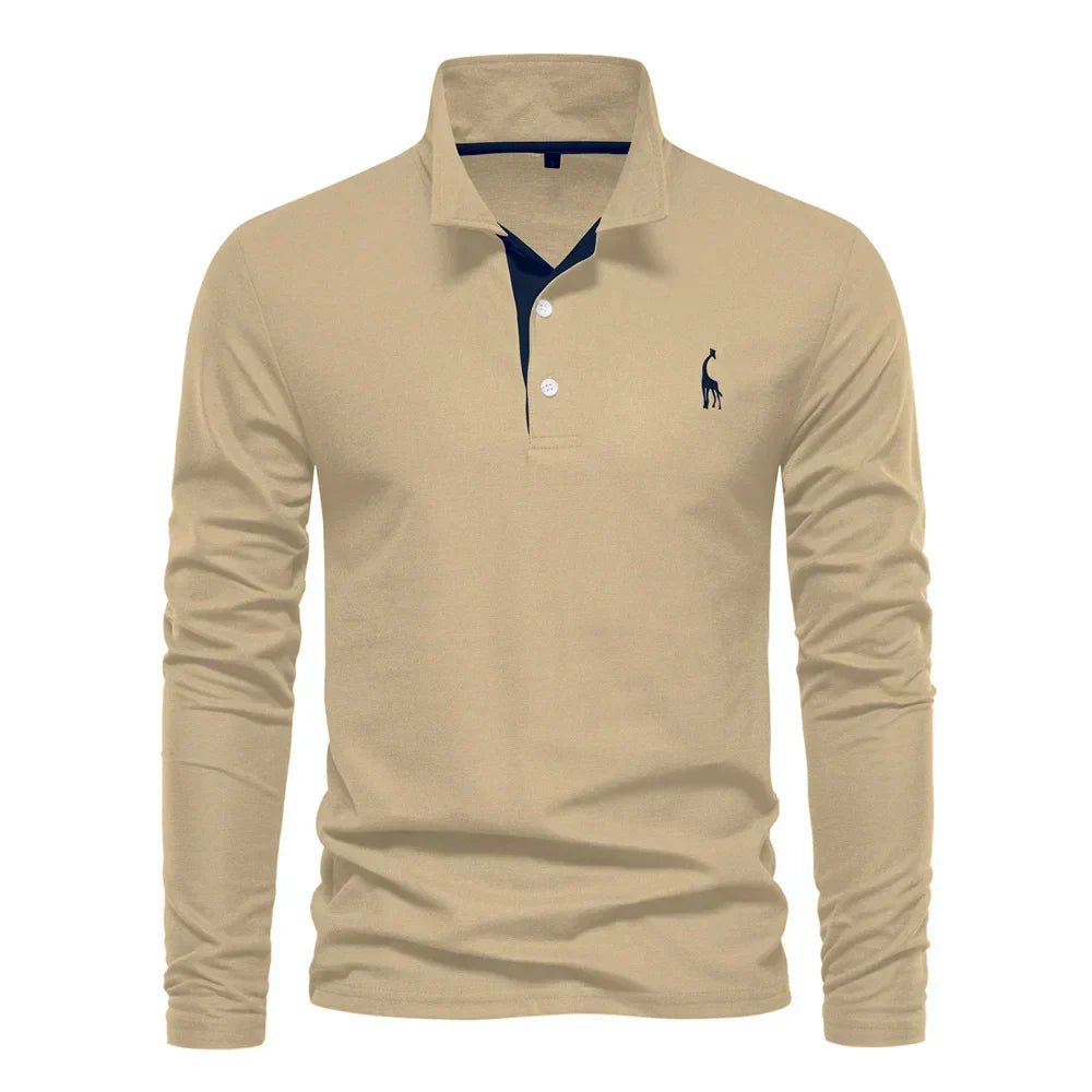 Men's Long Sleeve Polo Shirt Cotton Blend Pullover - Khaki