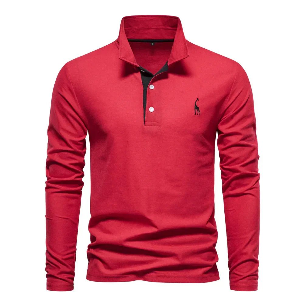 Men's Long Sleeve Polo Shirt Cotton Blend Pullover - Red