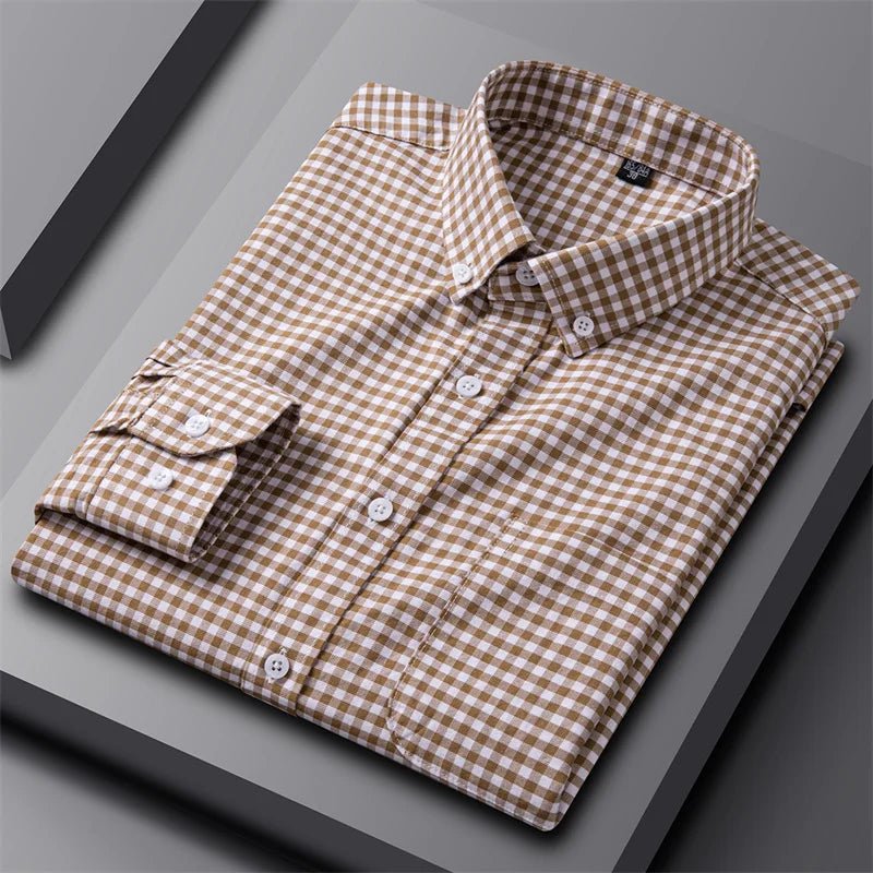 Men's Oxford Button Down Shirt Long Sleeve Cotton - Brown