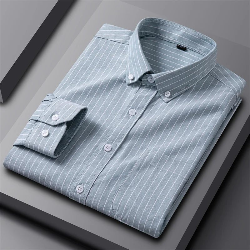 Men's Oxford Button Down Shirt Long Sleeve Cotton - Green/White
