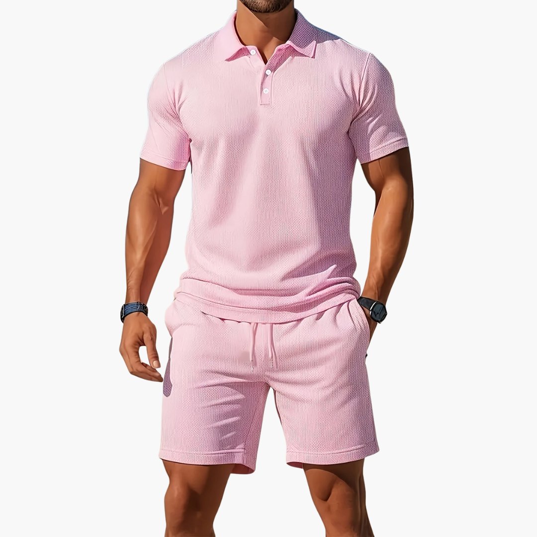 Men's Polo Shirt Shorts Set Casual Two Piece Matching Summer - Light Pink