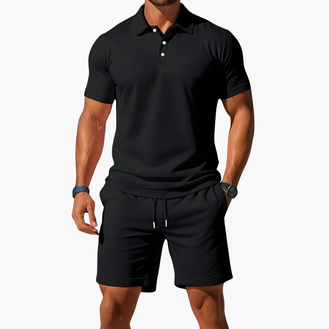 Men's Polo Shirt Shorts Set Casual Two Piece Matching Summer - Black