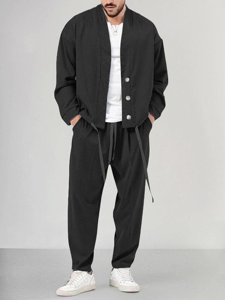 Men's Relaxed-Fit Button-Front Two-Piece Set - Black