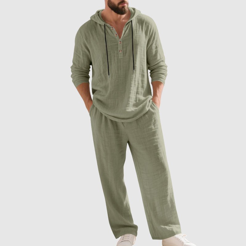 Men's Relaxed-Fit Hooded Linen Two-Piece Set - Green