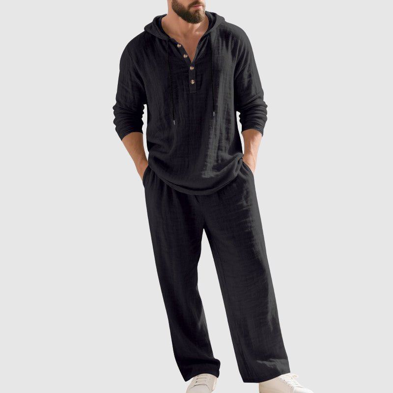 Men's Relaxed-Fit Hooded Linen Two-Piece Set - Black