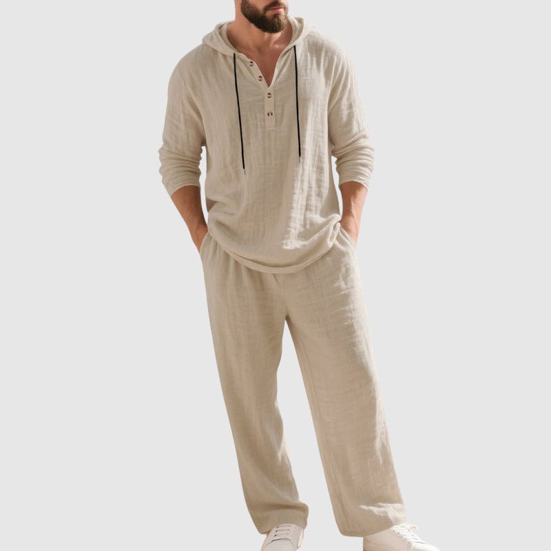 Men's Relaxed-Fit Hooded Linen Two-Piece Set - Beige