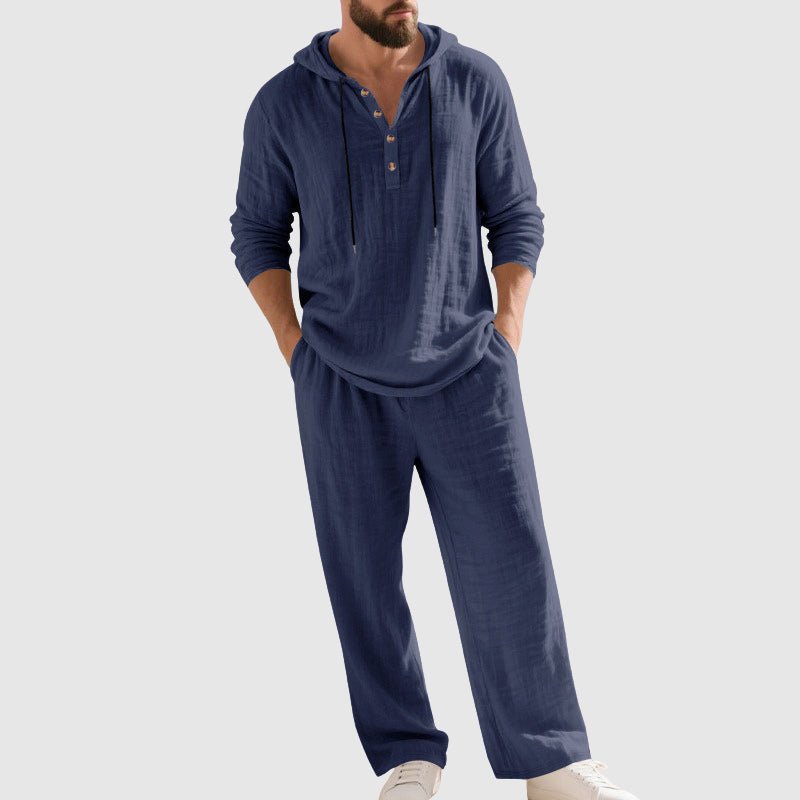 Men's Relaxed-Fit Hooded Linen Two-Piece Set - Blue