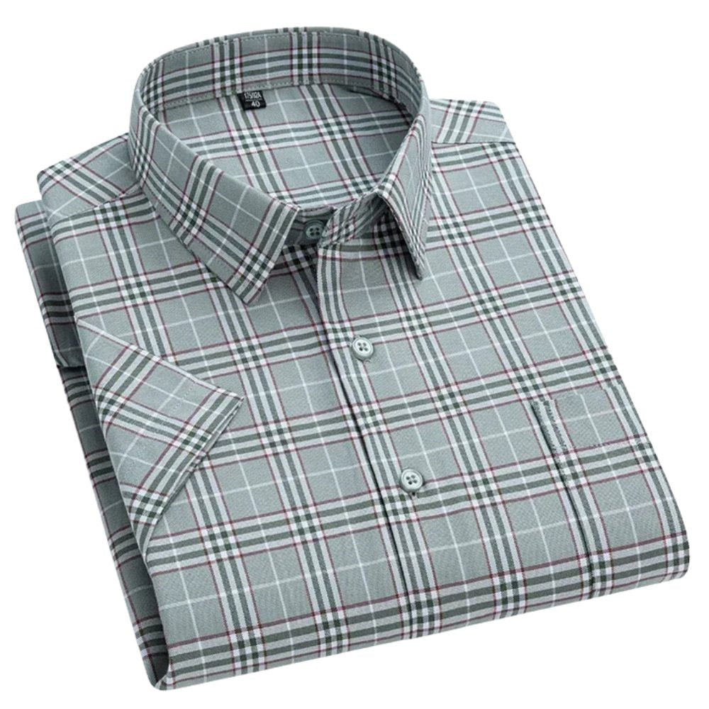Men's Short Sleeve Cotton Shirt Striped Button-Up Casual - Light Green