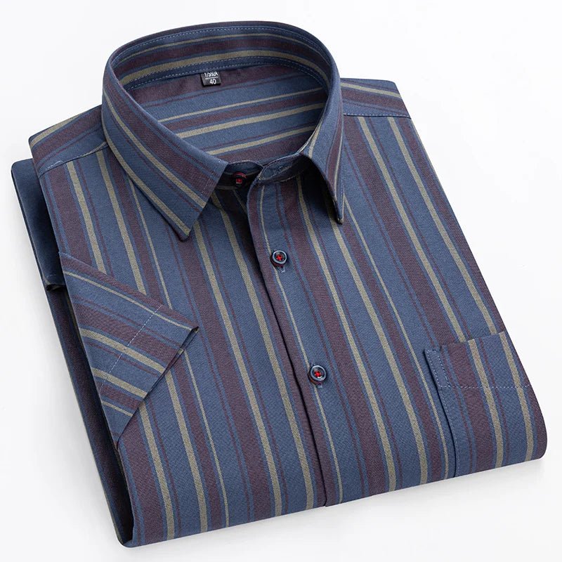 Men's Short Sleeve Cotton Shirt Striped Button-Up Casual - Navy blue