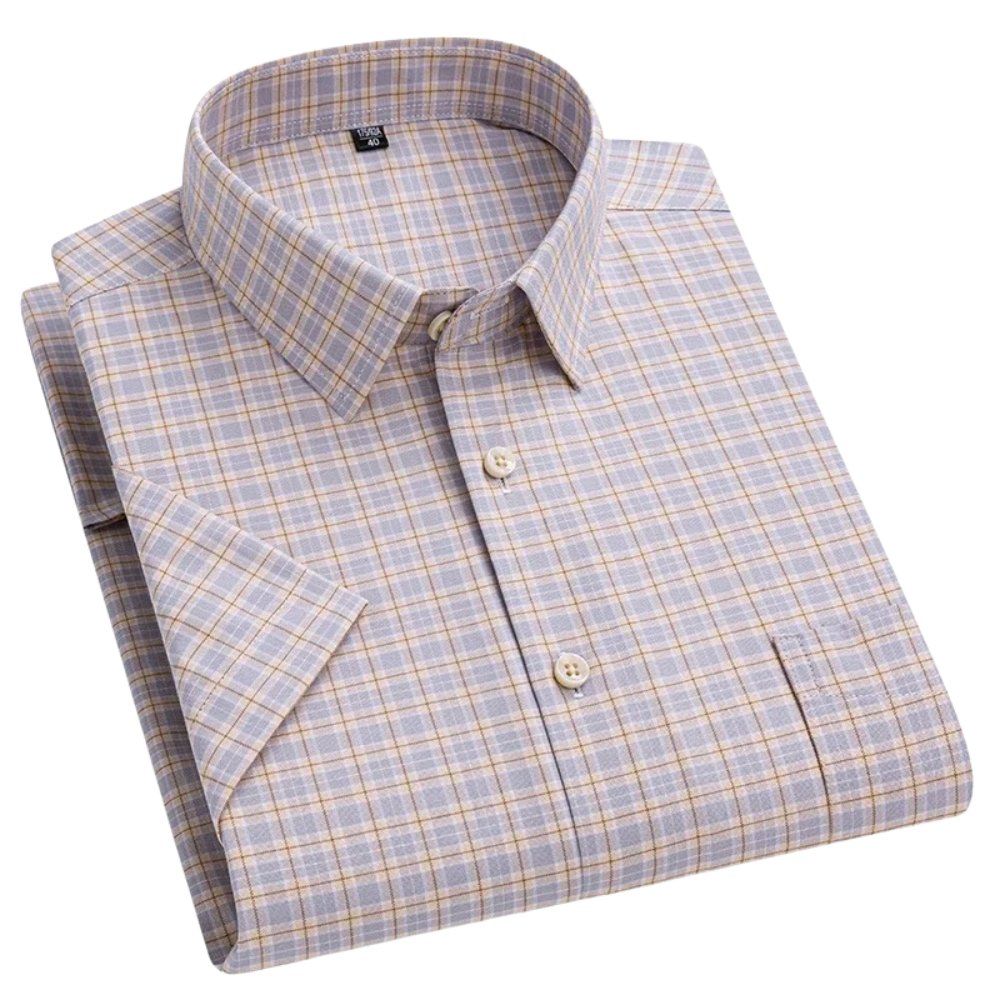 Men's Short Sleeve Cotton Shirt Striped Button-Up Casual - Khaki