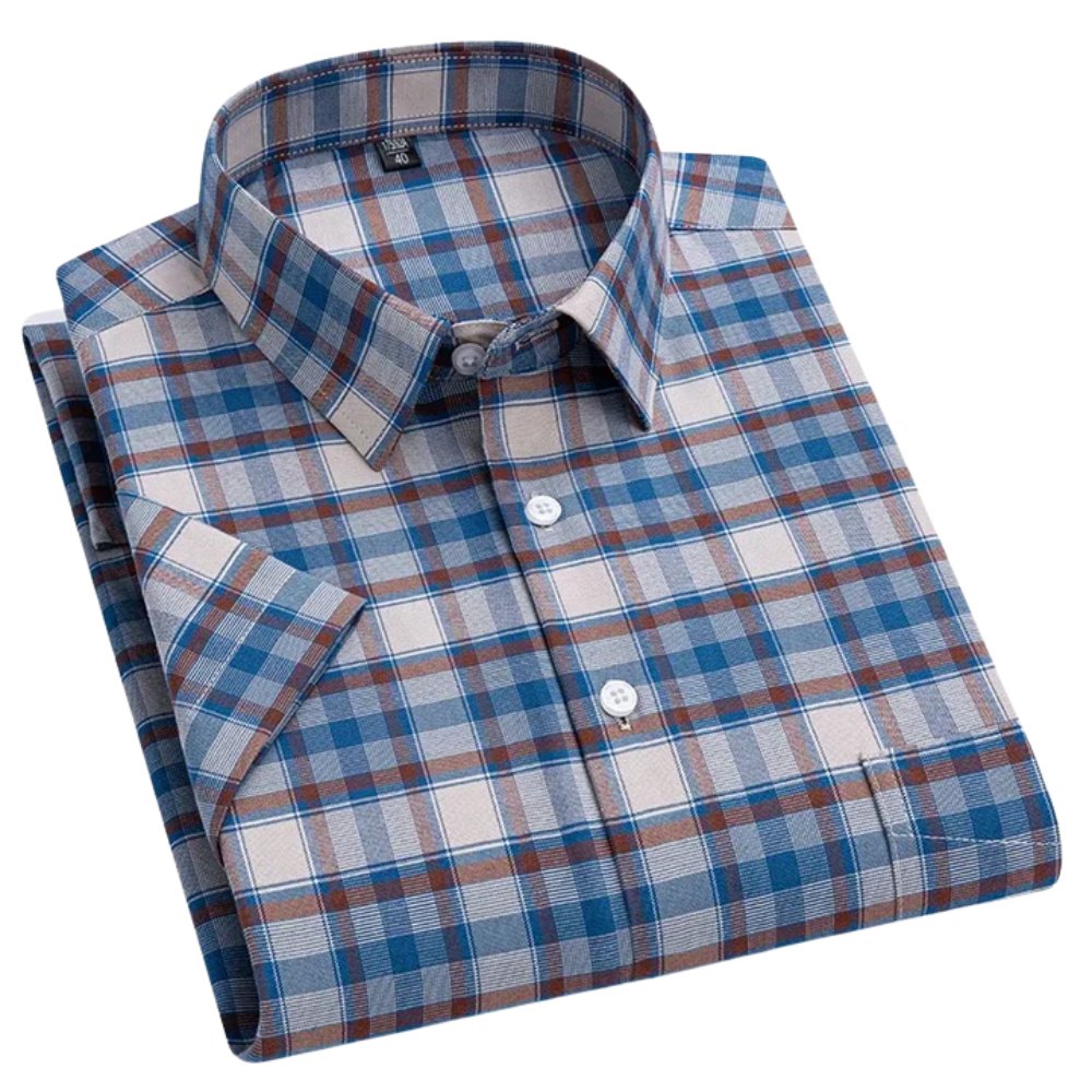 Men's Short Sleeve Cotton Shirt Striped Button-Up Casual - Blue