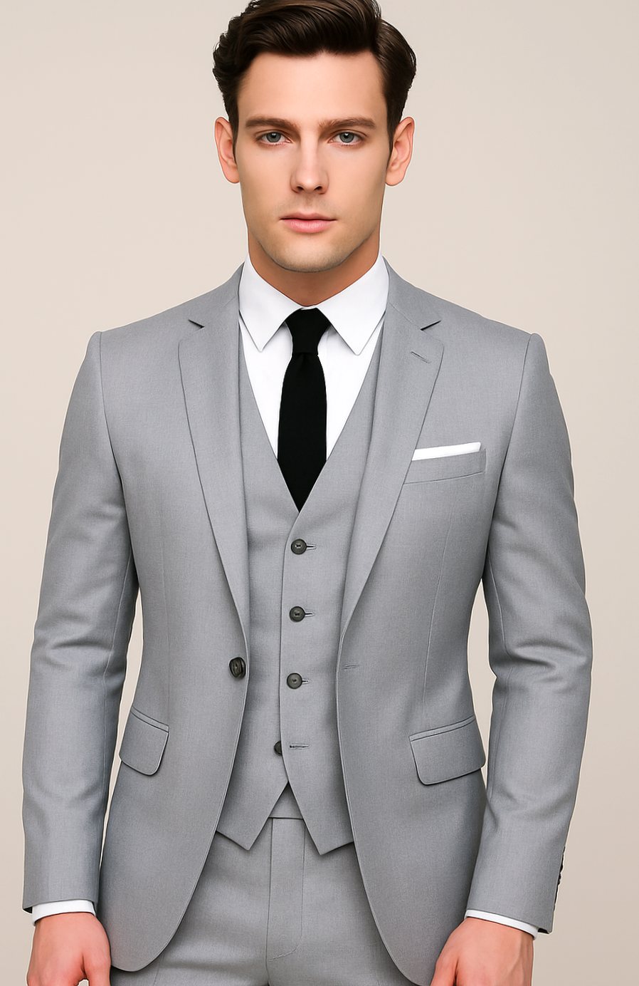 Men's Slim-Fit Three-Piece Single-Breasted Formal Suit - Grey