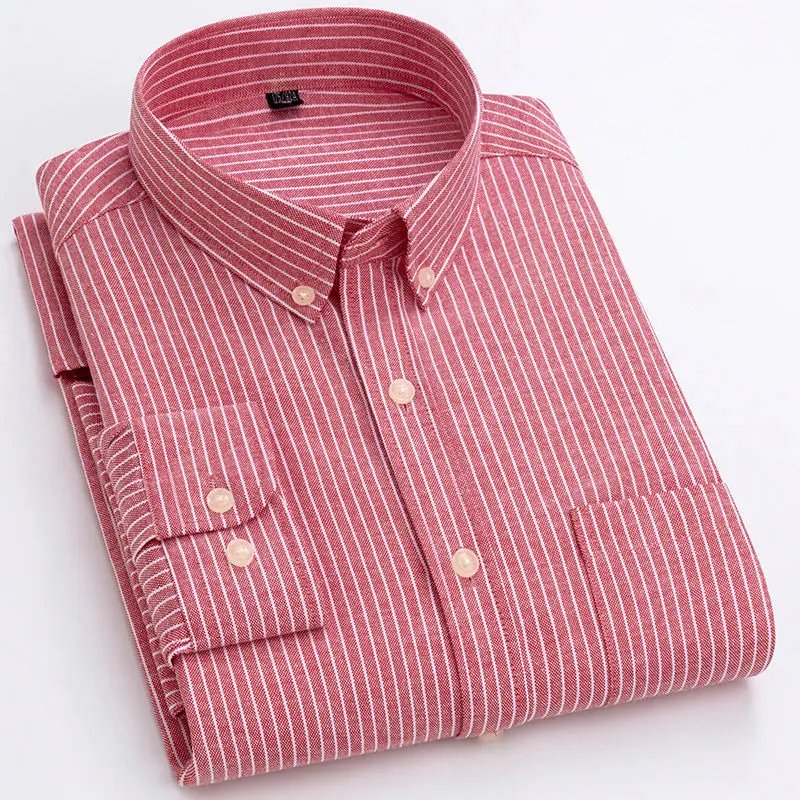 Men's Striped Cotton Shirt Button Down Long Sleeve - Red