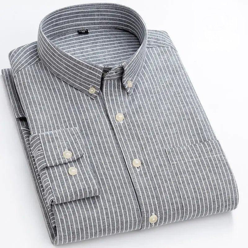 Men's Striped Cotton Shirt Button Down Long Sleeve - Gray