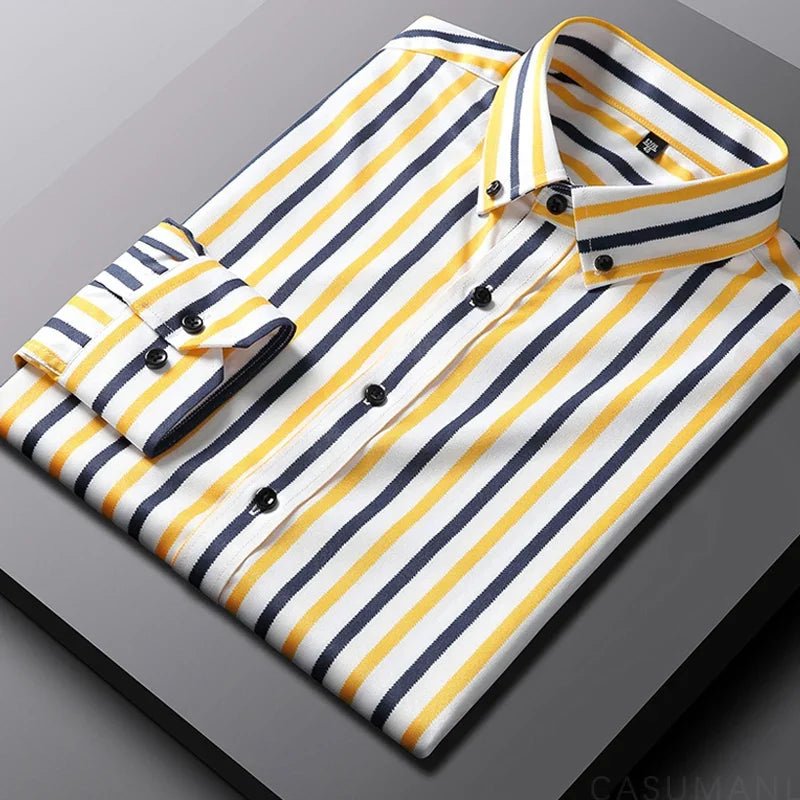 Men's Striped Cotton Shirt Relaxed Fit Long Sleeve - Yellow