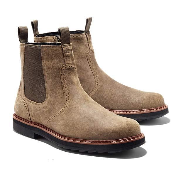Men's Suede Chelsea Boots with Elastic Side Panels - Khaki