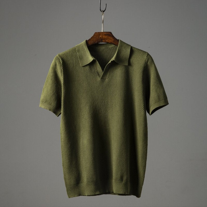 Men's Textured Knit Polo Shirt Short Sleeve Classic Fit - Green