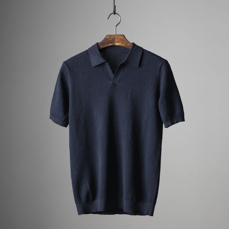 Men's Textured Knit Polo Shirt Short Sleeve Classic Fit - Dark Blue