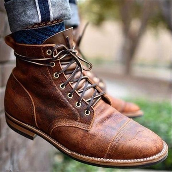 Men's Vintage Lace-Up Leather-Look Ankle Boots