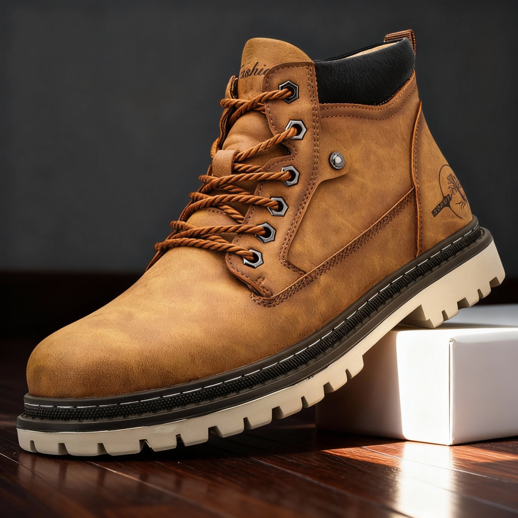 Men's Work Boots Lace-Up Leather Anti-Slip Cushioned - Brown