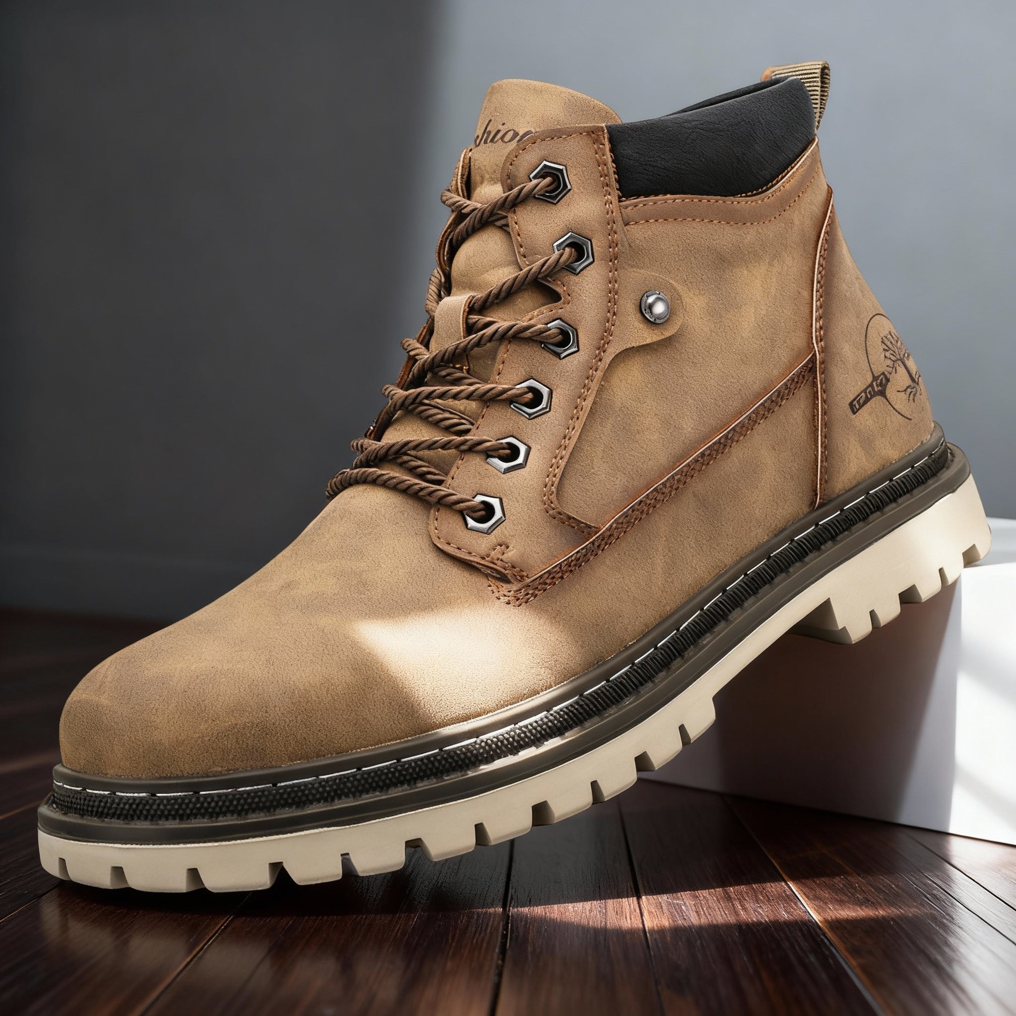 Men's Work Boots Lace-Up Leather Anti-Slip Cushioned - Khaki
