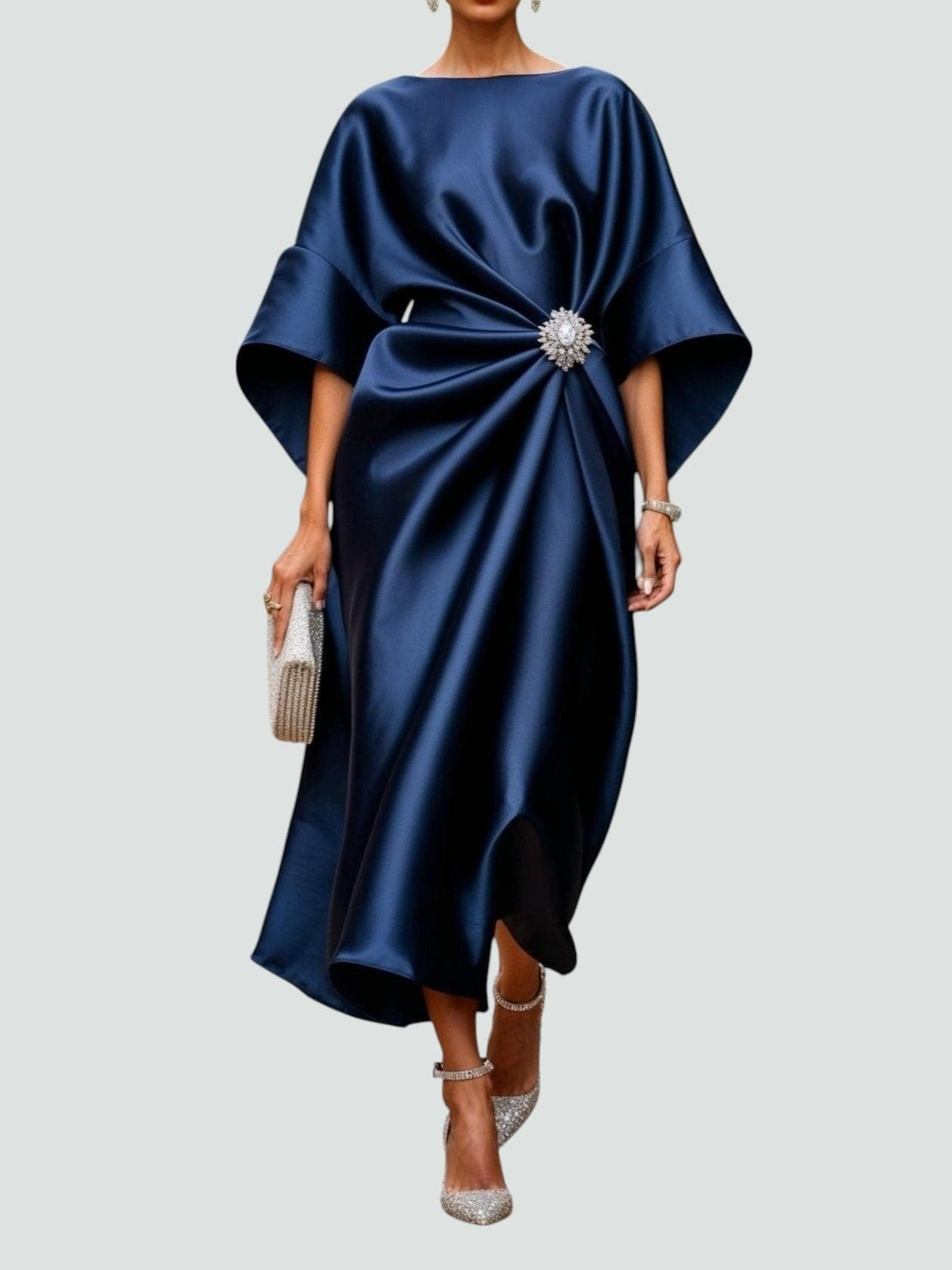Midi Dress Batwing Sleeve Brooch Detail Draped Satin - Navy Blue