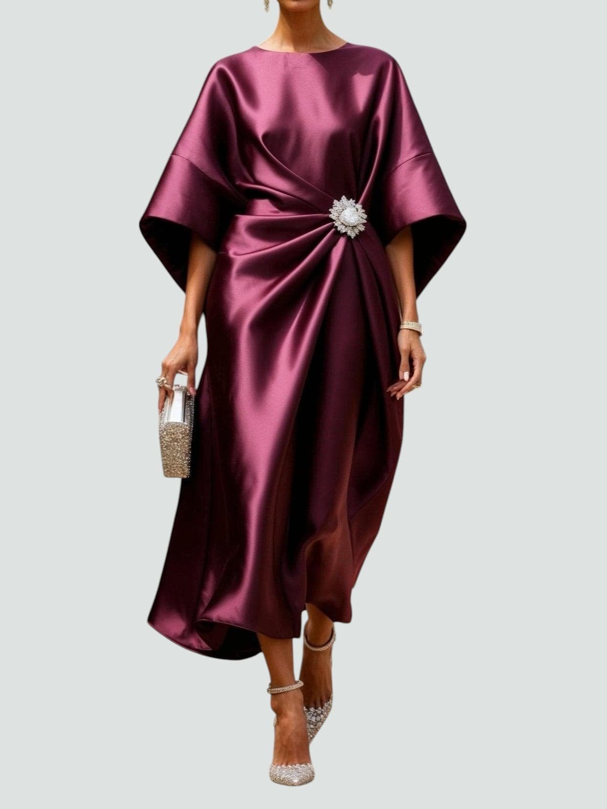Midi Dress Batwing Sleeve Brooch Detail Draped Satin - Red
