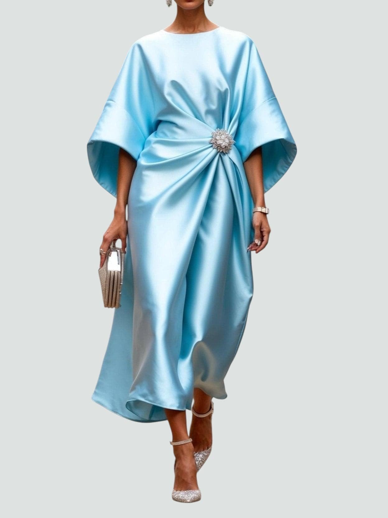 Midi Dress Batwing Sleeve Brooch Detail Draped Satin - Light Blue