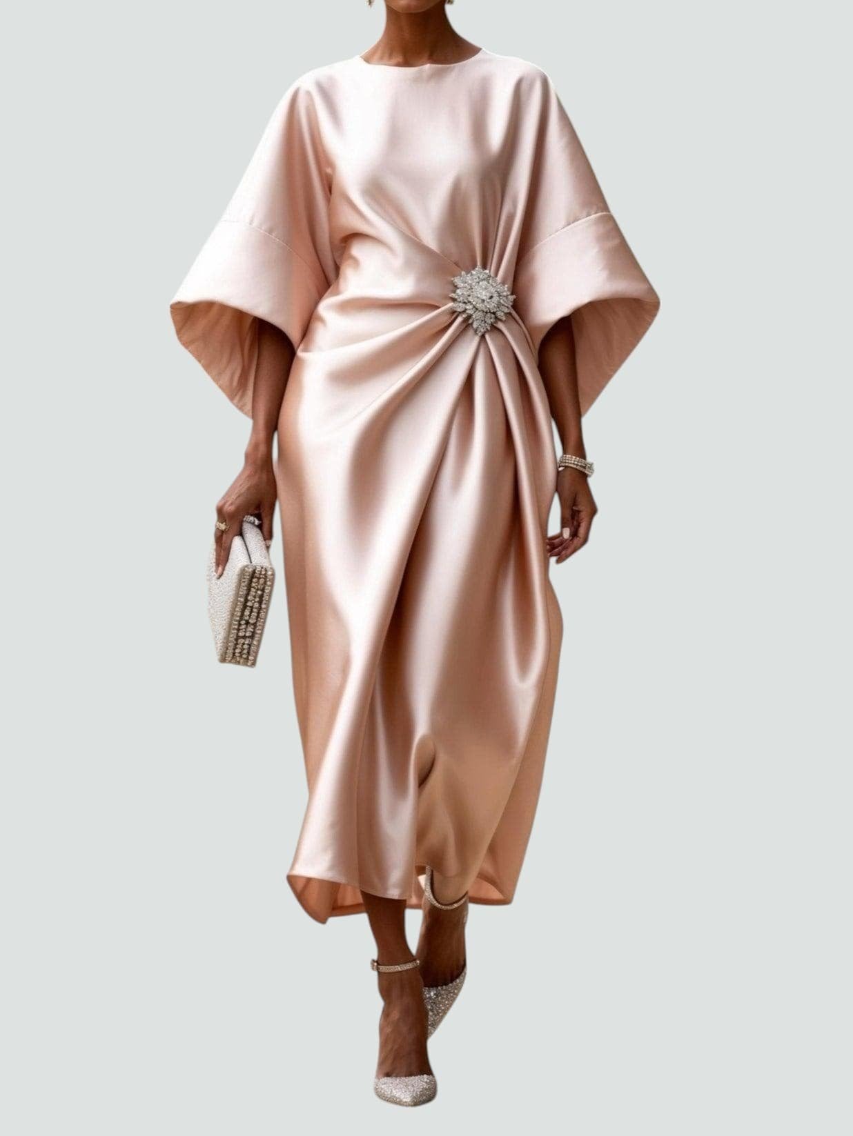 Midi Dress Batwing Sleeve Brooch Detail Draped Satin - Beige