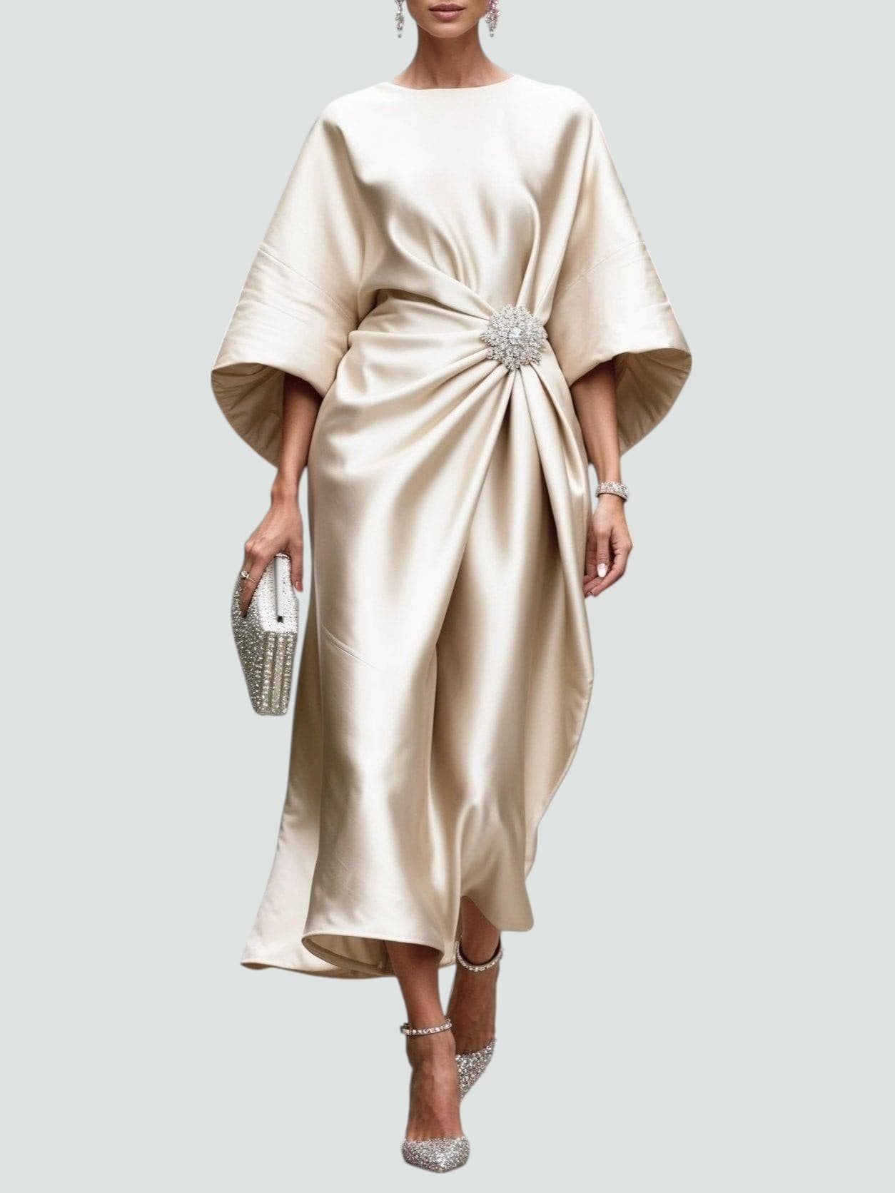 Midi Dress Batwing Sleeve Brooch Detail Draped Satin - Khaki