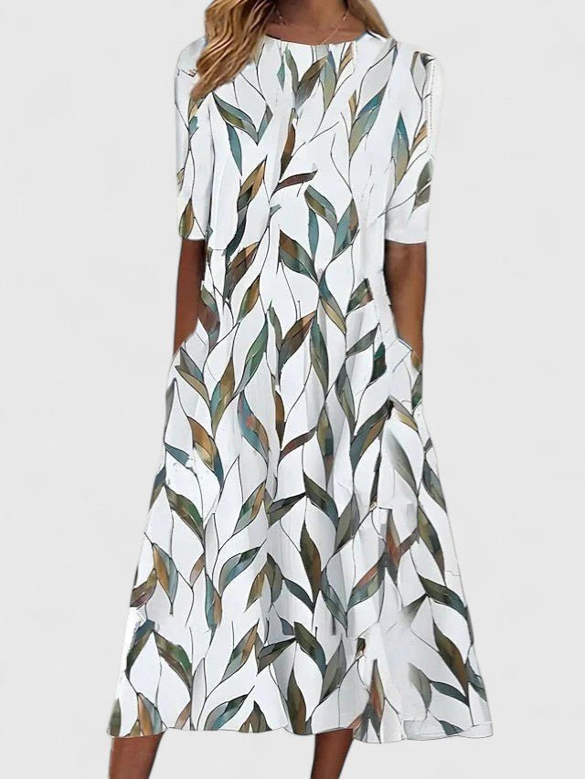 Midi Dress Floral Print Round Neck Half Sleeve Pockets - Green