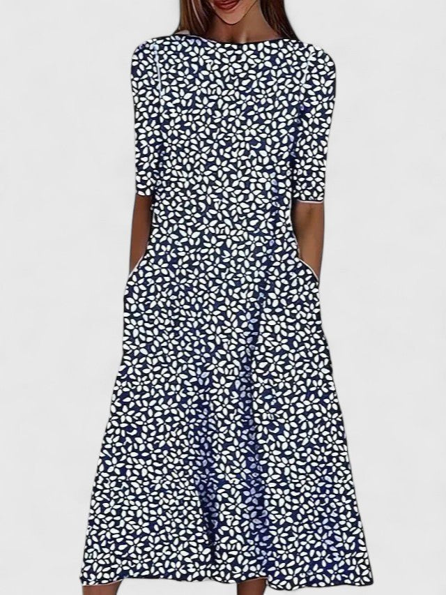 Midi Dress Floral Print Round Neck Half Sleeve Pockets - Dark Blue