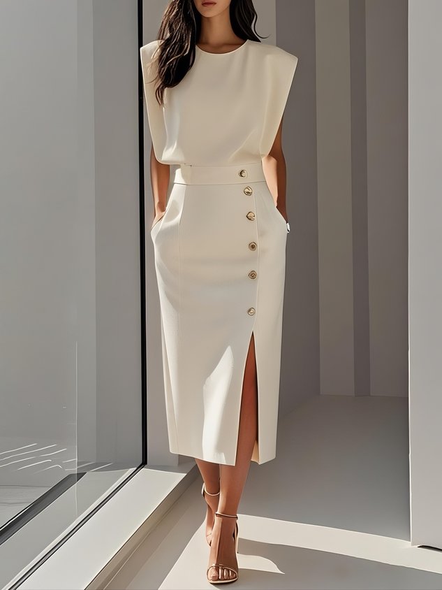 Midi Dress Round Neck Button Slit Sleeveless - Beige