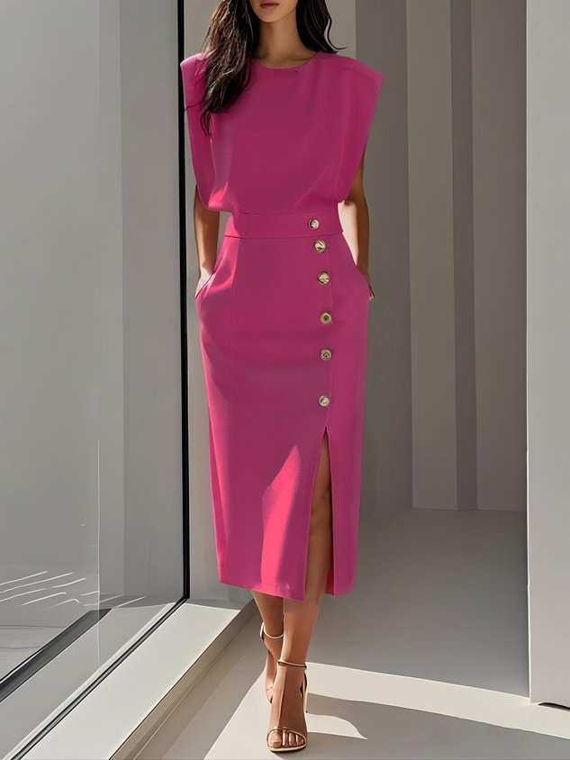 Midi Dress Round Neck Button Slit Sleeveless - Bright Pink