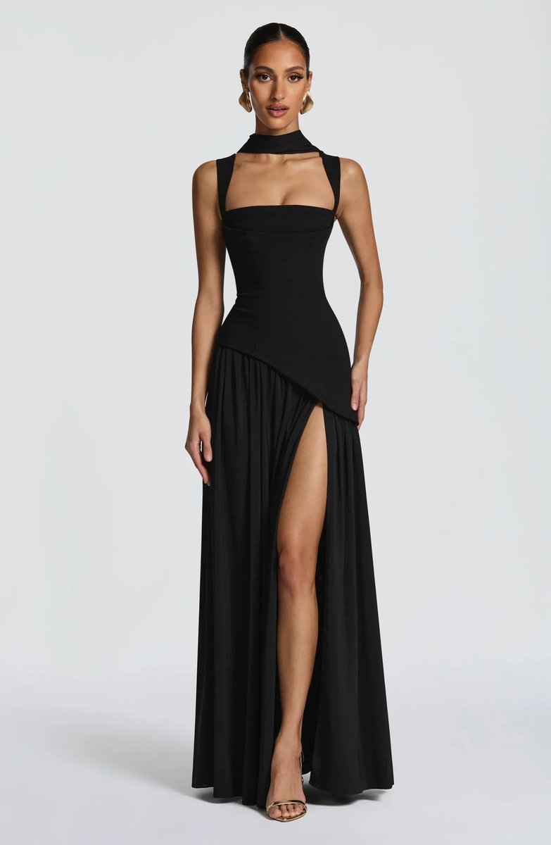 Mother of the Bride Dress Sleeveless Corseted A-Line Maxi Gown Side Slit - Black