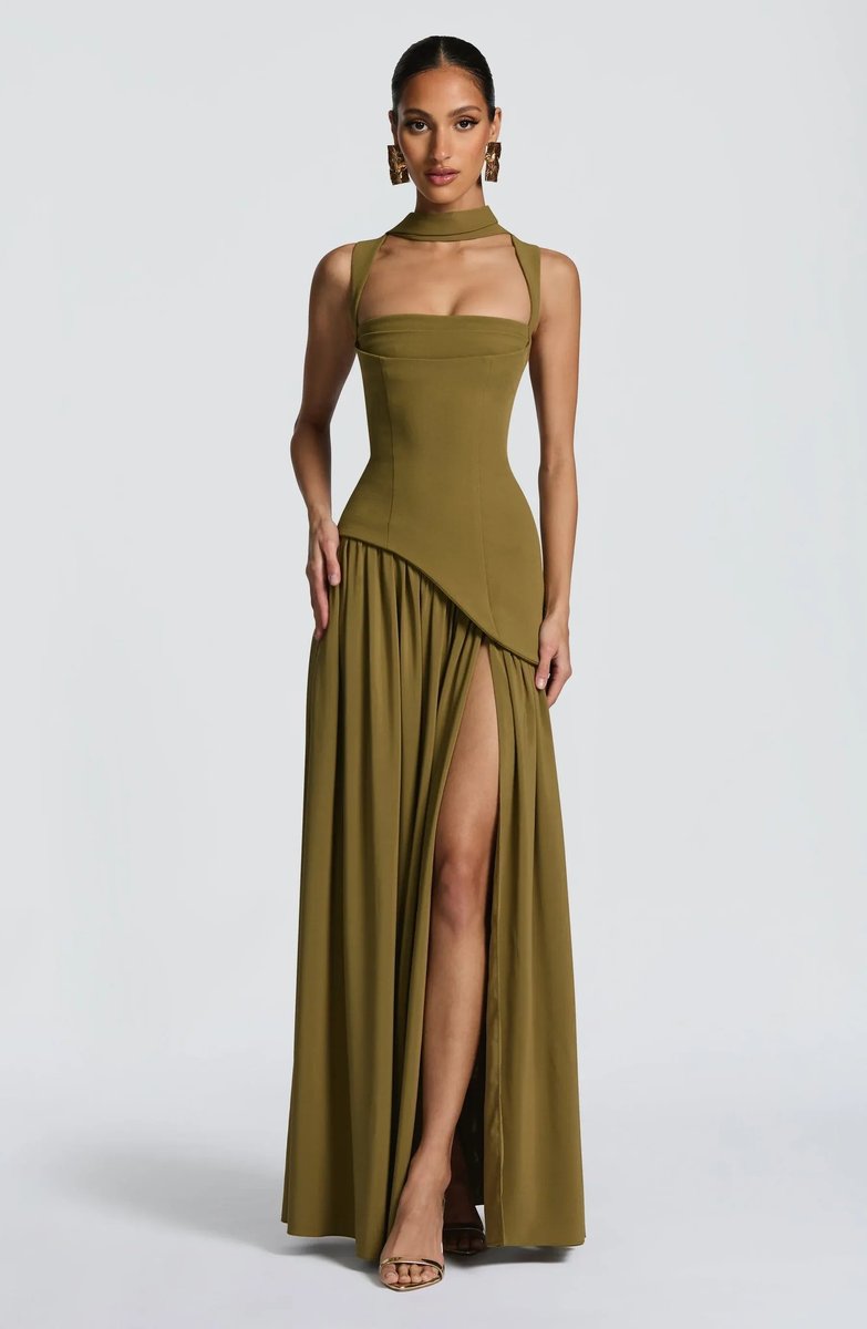 Mother of the Bride Dress Sleeveless Corseted A-Line Maxi Gown Side Slit - Green