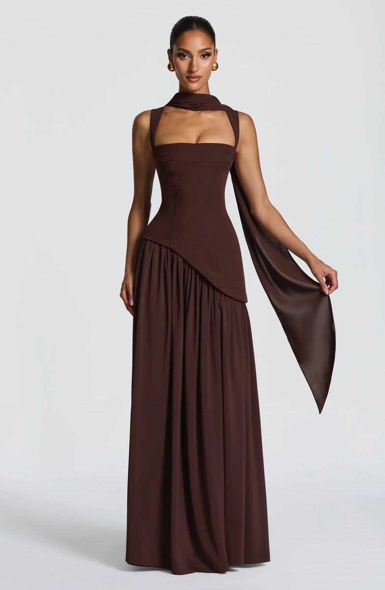Mother of the Bride Dress Sleeveless Corseted A-Line Maxi Gown Side Slit - Brown