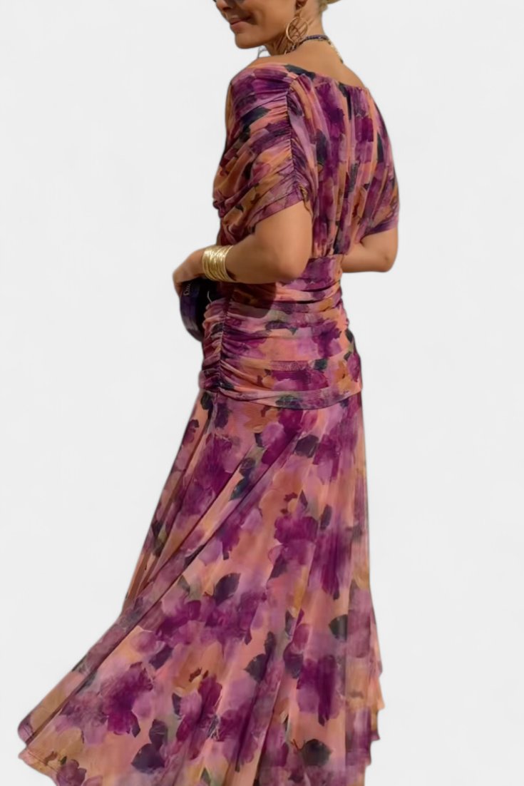 Off-Shoulder Wrap Dress Pleated Waist Deep V-Neck Maxi