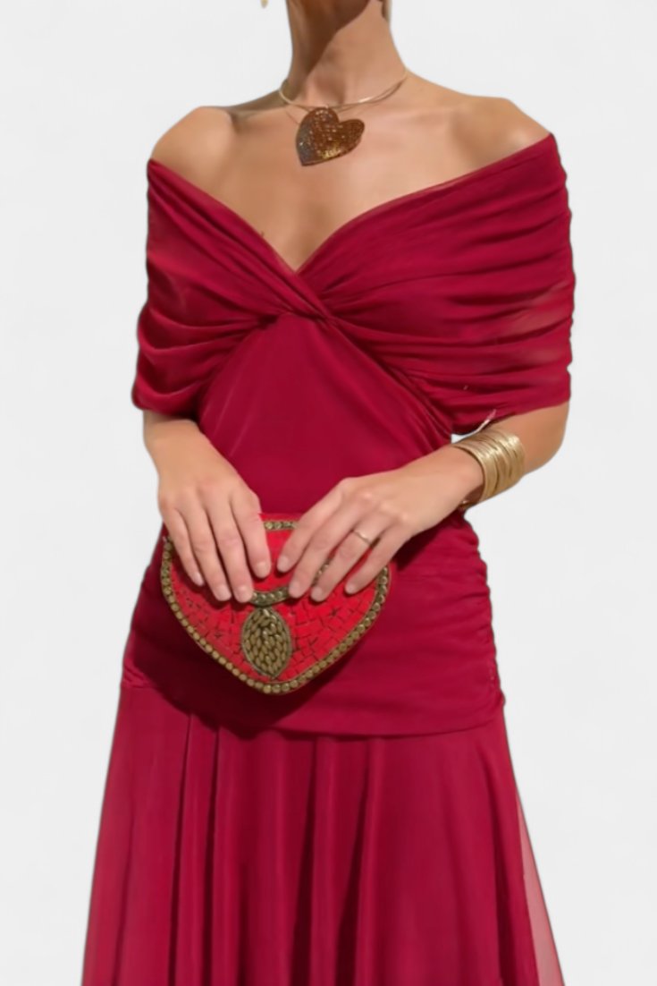 Off-Shoulder Wrap Dress Pleated Waist Deep V-Neck Maxi - Red