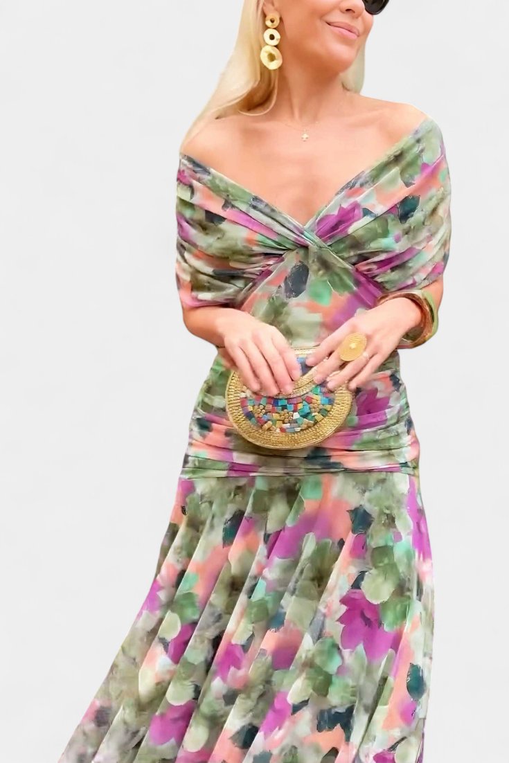 Off-Shoulder Wrap Dress Pleated Waist Deep V-Neck Maxi