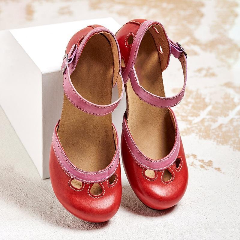 Orthopedic T-Bar Sandals Low Heel Arch Support Comfort - Red (Almost sold out)