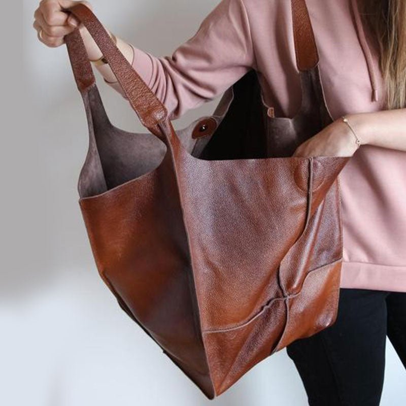 Oversized Vintage Leather-Look Tote Bags Patch Pocket Shoulder Bag