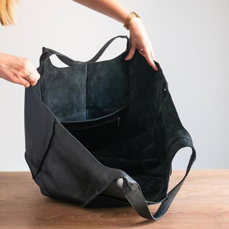 Oversized Vintage Leather-Look Tote Bags Patch Pocket Shoulder Bag
