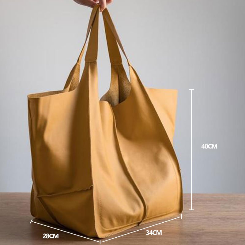 Oversized Vintage Leather-Look Tote Bags Patch Pocket Shoulder Bag
