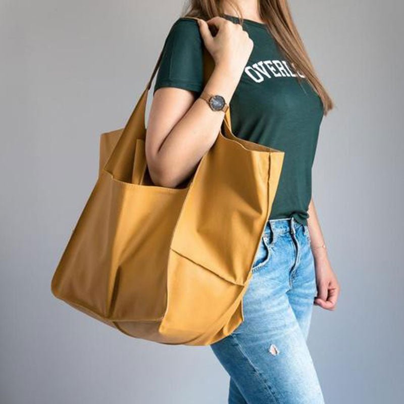 Oversized Vintage Leather-Look Tote Bags Patch Pocket Shoulder Bag