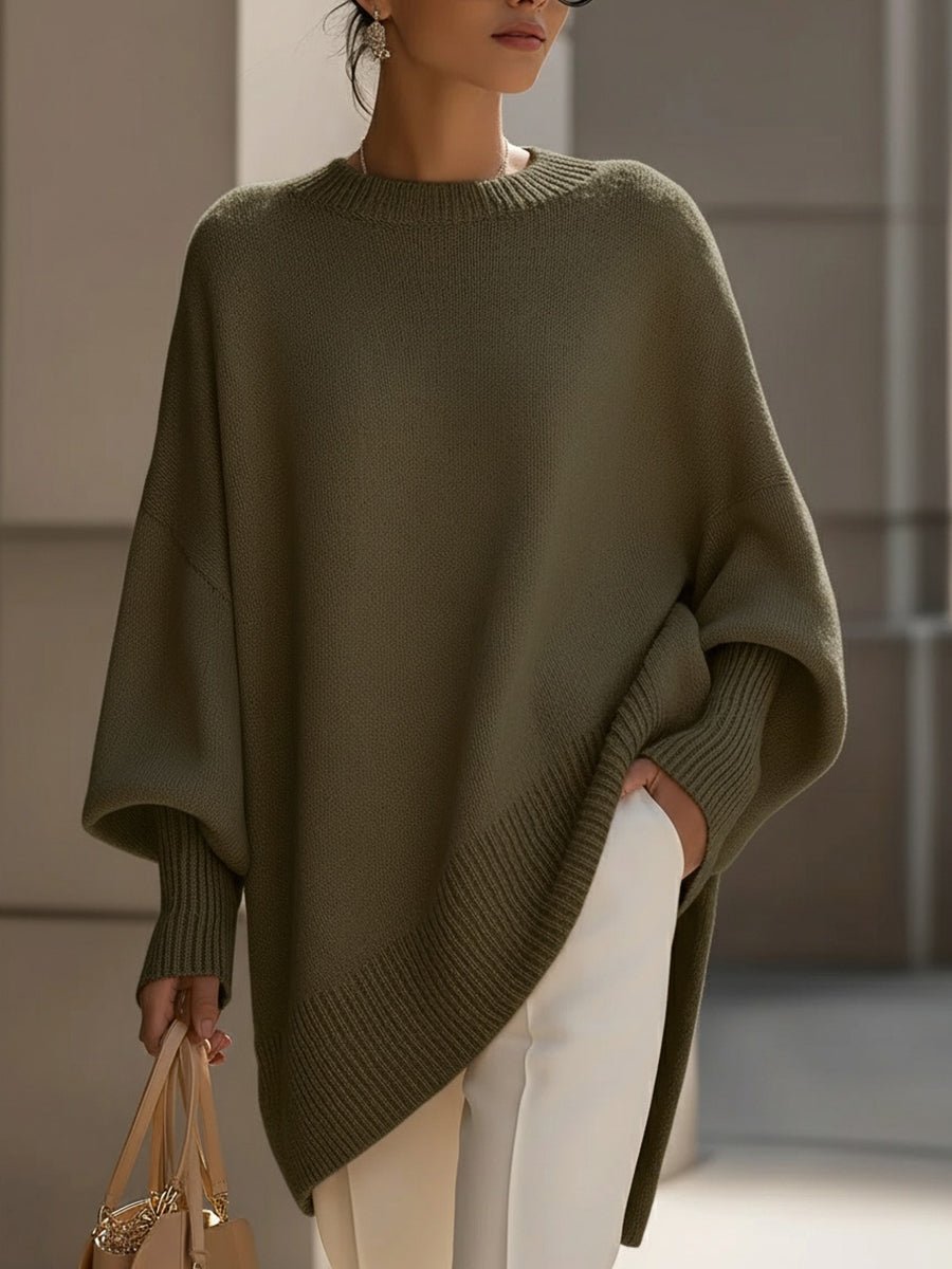 Oversized Wool Blend Sweater Asymmetrical Hem Drop Shoulder - Olive Green