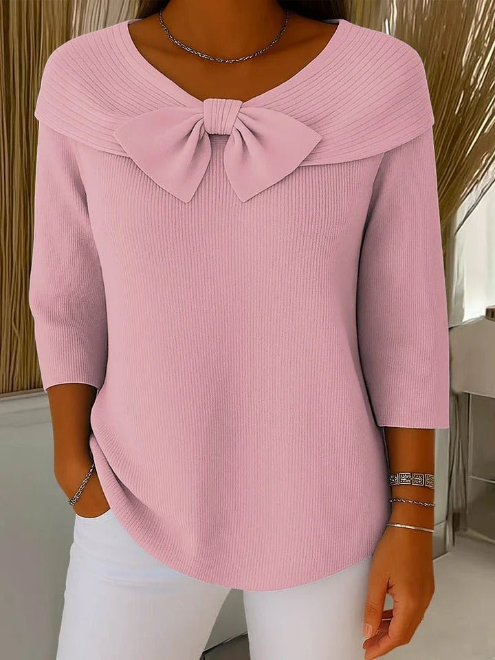 Ribbed Sweater Bow Detail V-Neck 3/4 Sleeve Knit Top - Pink
